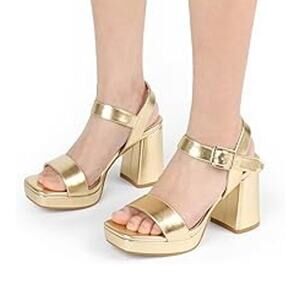 Joy In Love Women 7.5 Shiny Gold Open Toe 4" Block Heel Ankle Strap Sandal Shoes